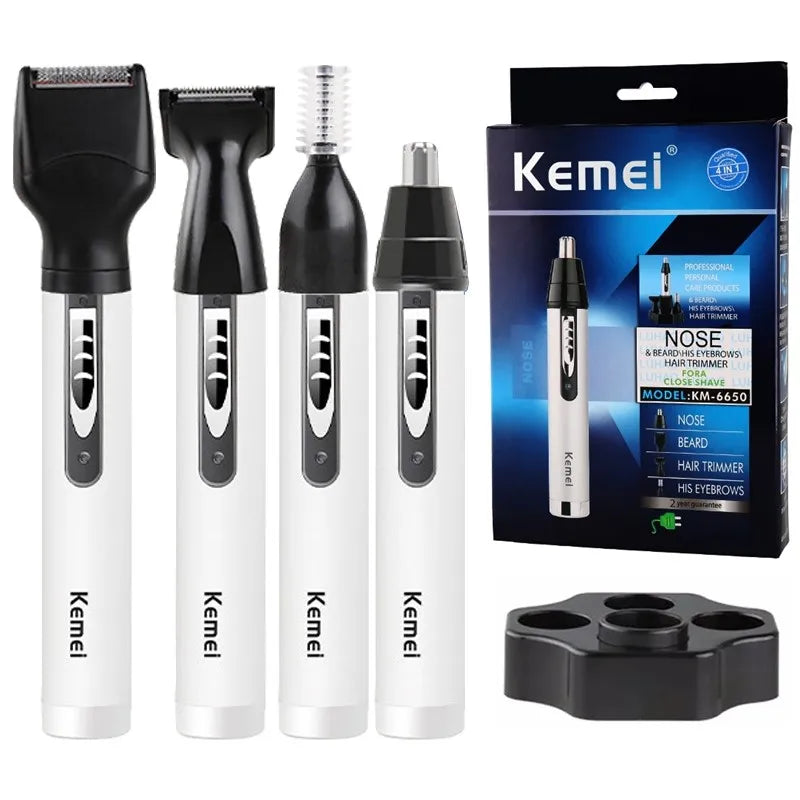 Set von vier Kemel-Rasierwerkzeugen, darunter Nasen-, Ohr- und Augenbrauen-Trimmer mit Ladebasis.