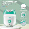 A white and teal rechargeable electric epilator device shown on a light green background.