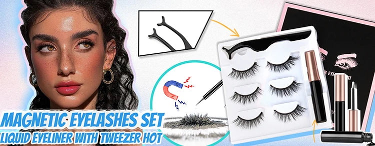Un ensemble de faux cils magnétiques réutilisables avec pinces et eyeliner liquide à côté de l'œil d'un mannequin.