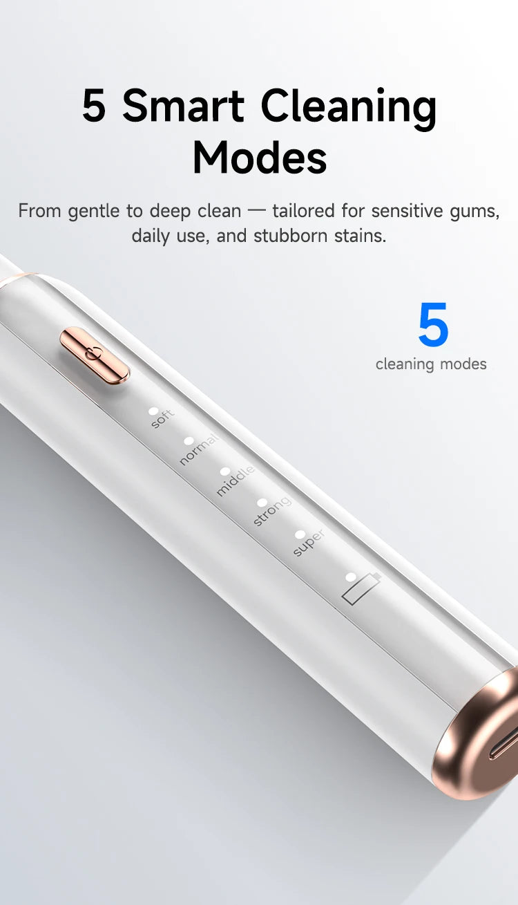 A close-up view of a silver smart ultrasonic tooth cleaner device showing various cleaning modes.