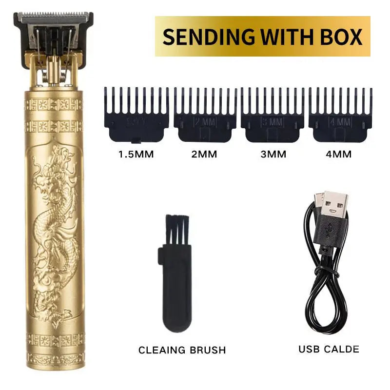 A gold-colored electric hair trimmer with various size guards and a cleaning brush and USB cable.