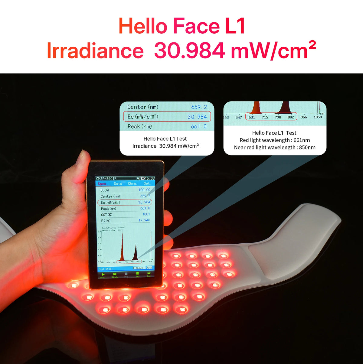 A hand holds a device emitting red light onto a white therapeutic belt for light therapy testing.