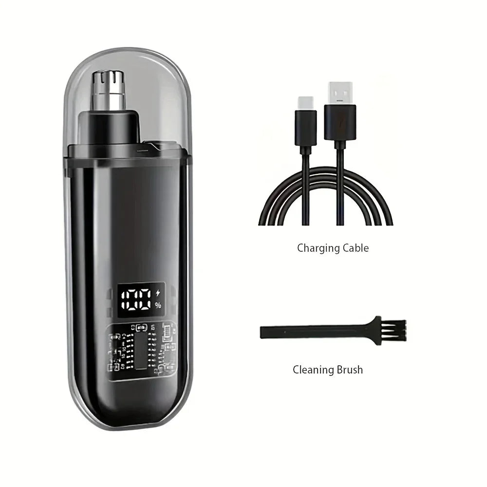 Schwarzer USB-Ladebare Nase- und Ohrhaartrimmer mit Ladekabel und Reinigungsbürste.