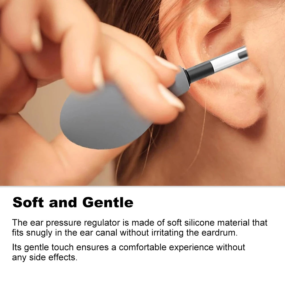 A hand is using a silver ear pressure regulator tool on a person's ear.