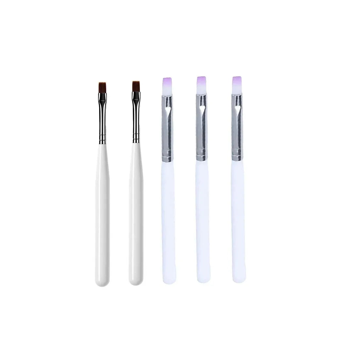 Un set de cinq pinceaux pour ongles en gel professionnels dans différentes nuances de rose et de blanc.