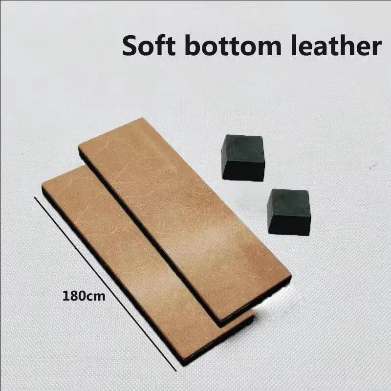 A rectangular piece of soft bottom leather used as a sharpening strop, shown next to smaller pieces.
