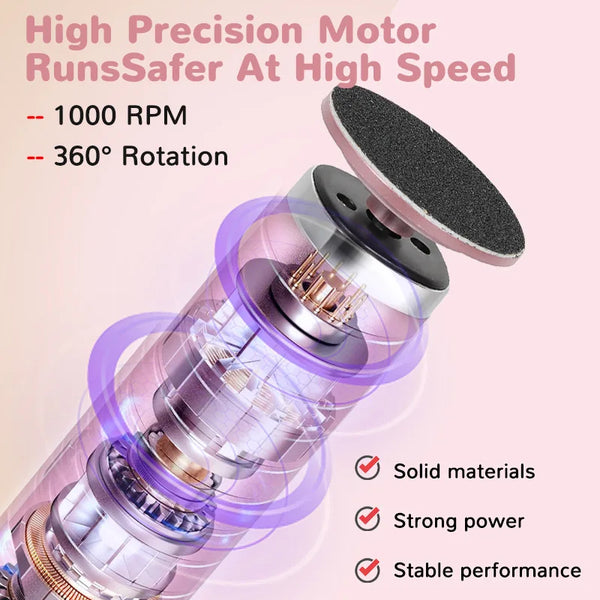A close-up of a pink electric foot callus remover device showing its motor and components.