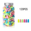 A clear jar filled with 120 colorful memory foam earplugs for noise reduction.