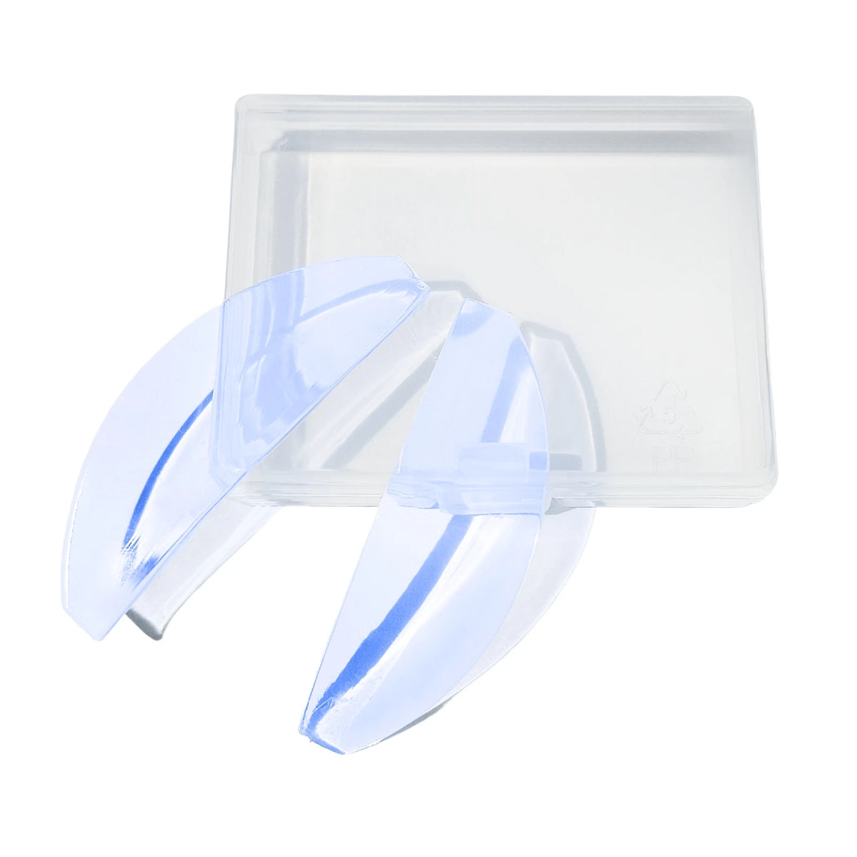 Clear silicone lash lift pads in a plastic container with a light blue tint