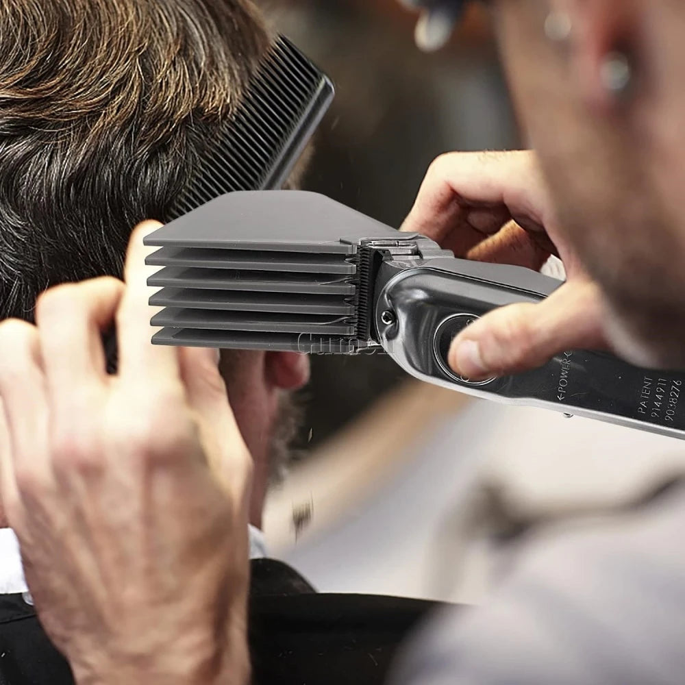 A person is using a professional hair clipper guide comb set to style hair.