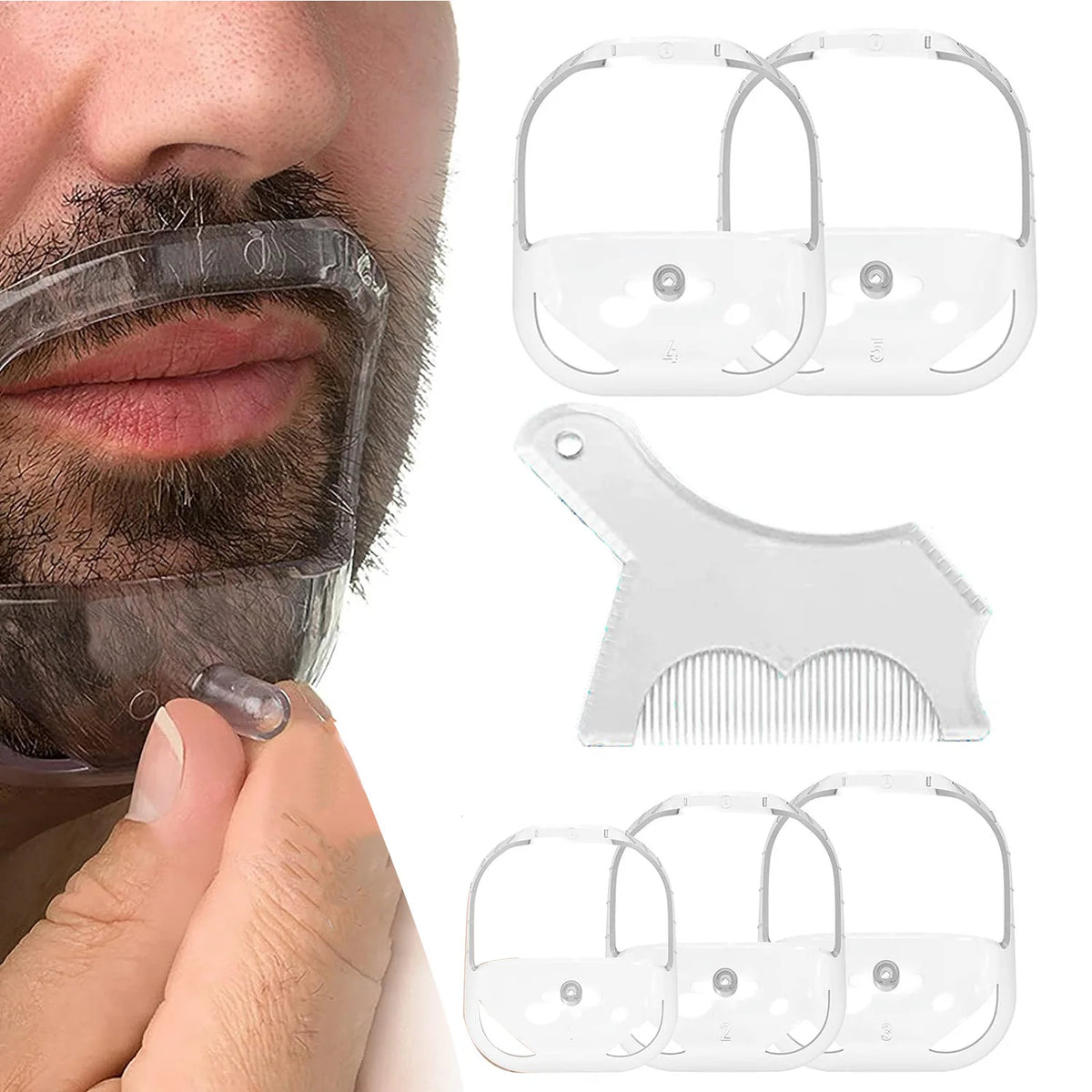 Gros plan d'une main tenant un kit de modelage de barbe avec plusieurs gabarits en silicone pour le soin de la barbe.