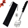 Stainless steel telescopic back scratcher set with a black travel pouch and red ribbon
