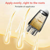Portable oil applicator bottle showing a drop of oil being applied to the roots of a hair strand.
