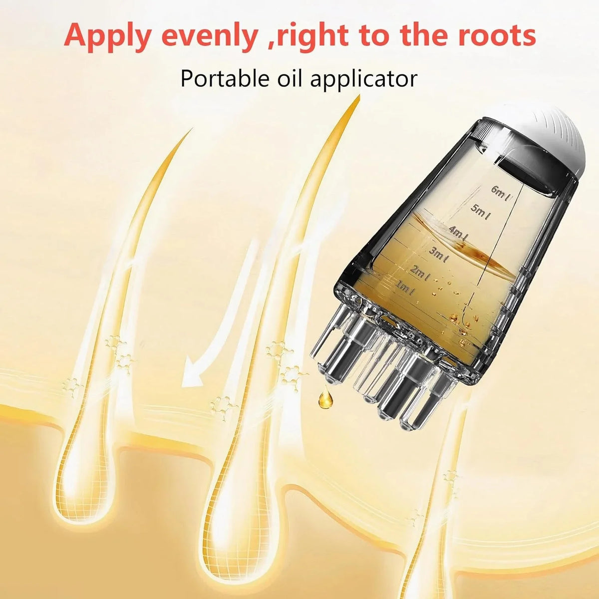 Portable oil applicator bottle showing a drop of oil being applied to the roots of a hair strand.