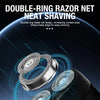 Close-up of a double-ring razor net shaving device with sharp blades on a black handle.