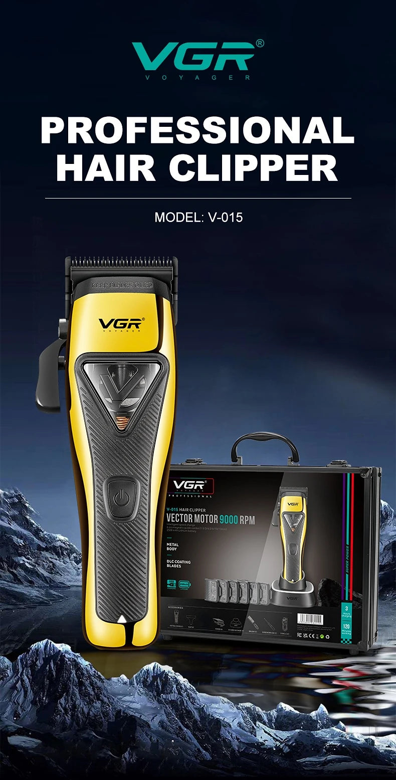 A yellow VGR professional hair clipper model V-015 is shown against a dark, mountainous background.