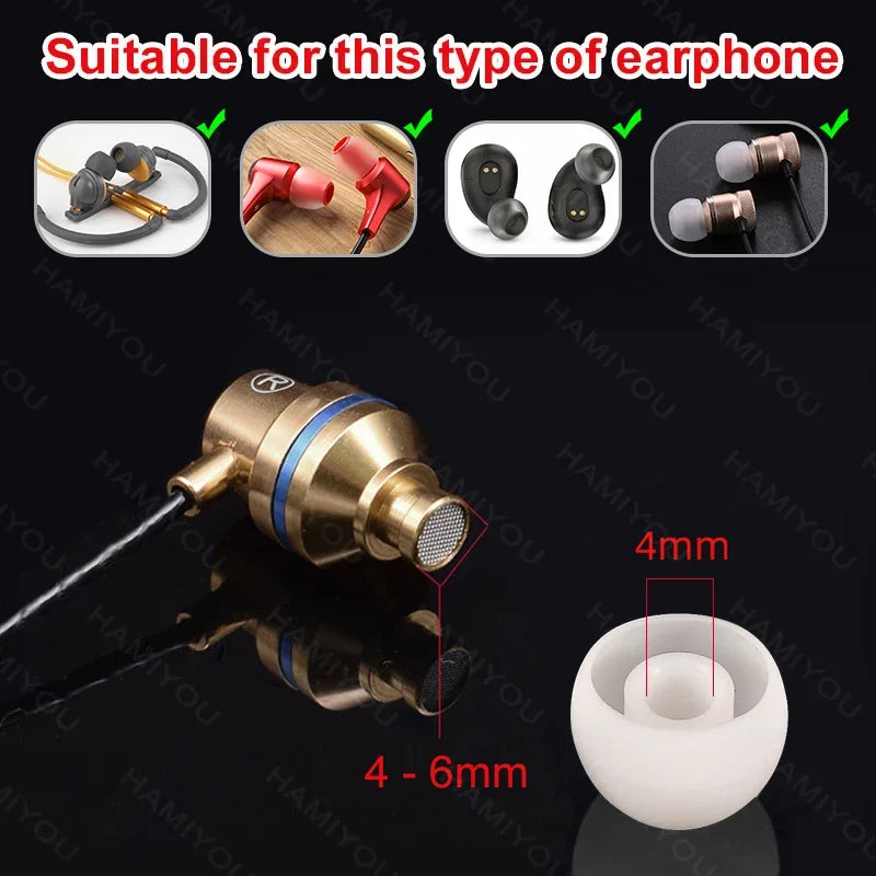 A silicone earplug with a metal fitting and a small white foam tip, shown next to various headphone types.