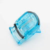A small, light blue plastic mini folding eyelash curler tool.