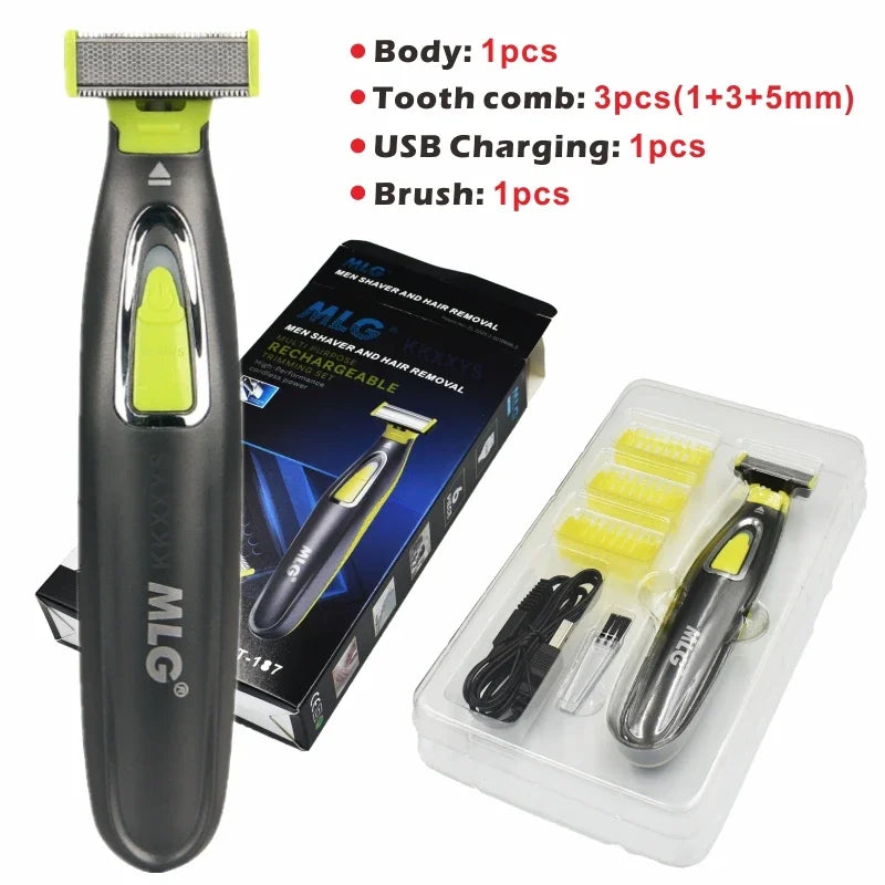 Set aus schwarzem Elektrorasierer mit Klingenbürste, USB-Ladekabel und Bürste in klarem Etui.