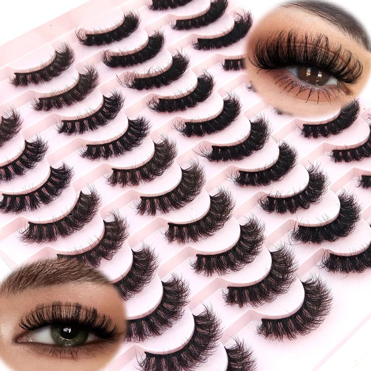 Collection de faux cils de renard naturels disposés sur une surface rose avec un œil visible.