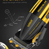 Close-up of a yellow and black taper lever hair clipper with various guard attachments shown for adjusting hair cutting lengt