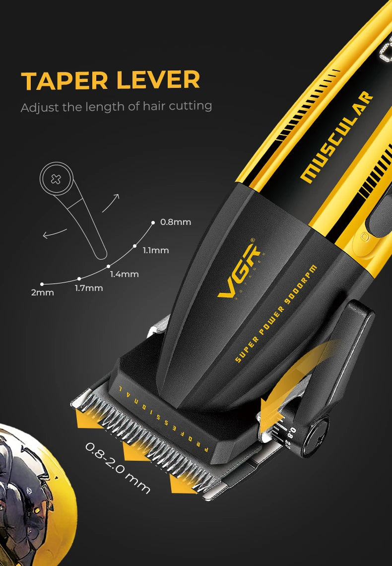 Close-up of a yellow and black taper lever hair clipper with various guard attachments shown for adjusting hair cutting lengt