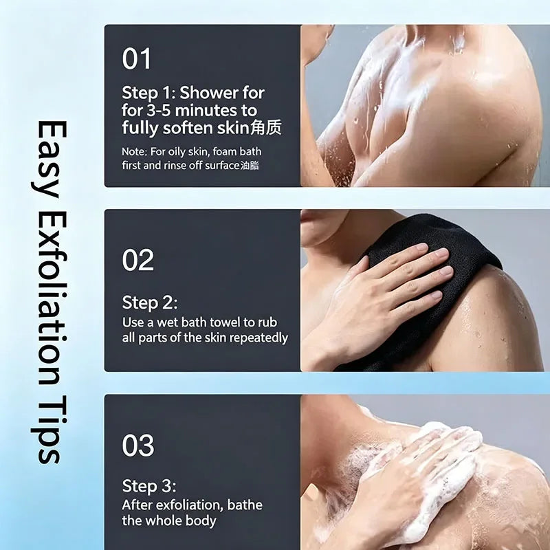 Instructions pour exfolier le corps avec un gant de gommage Hammam marocain, montrant les étapes de lissage et de gommage.