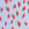 A collection of 24 almond press-on nails featuring a pink bow design on a light blue background.