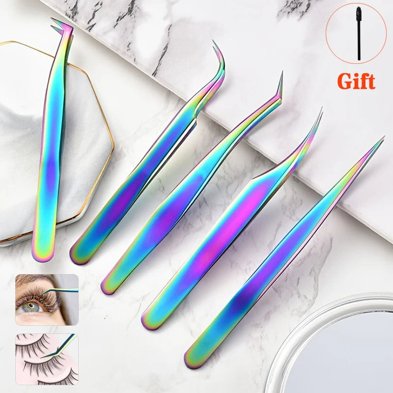 A set of five precision stainless steel eyelash tweezers with iridescent purple and blue finishes displayed on a white marble
