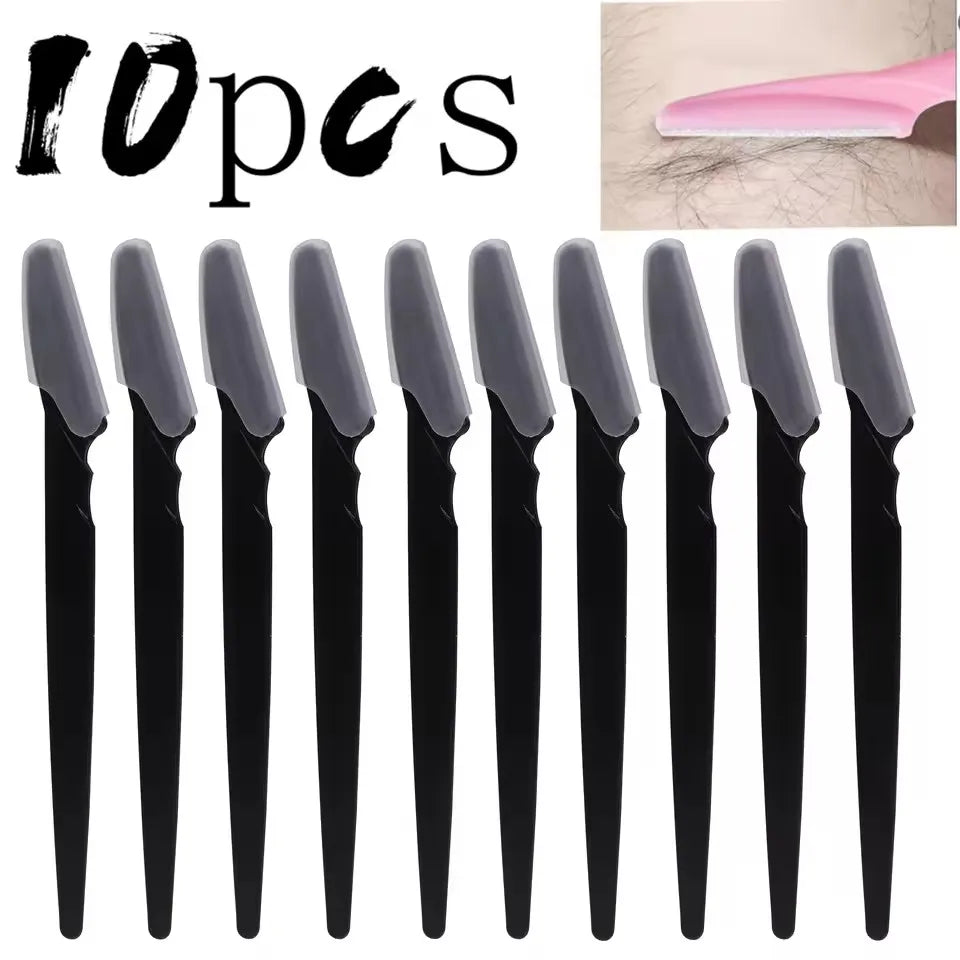 A set of ten black stainless steel eyebrow trimmers shown individually against a white background.