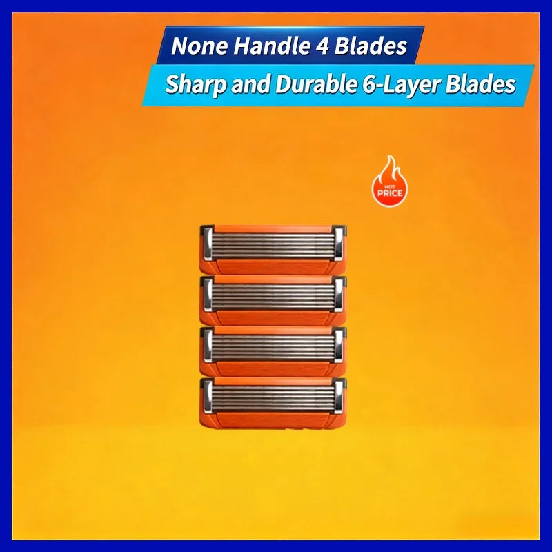 A set of six orange safety razor blades displayed against an orange background.