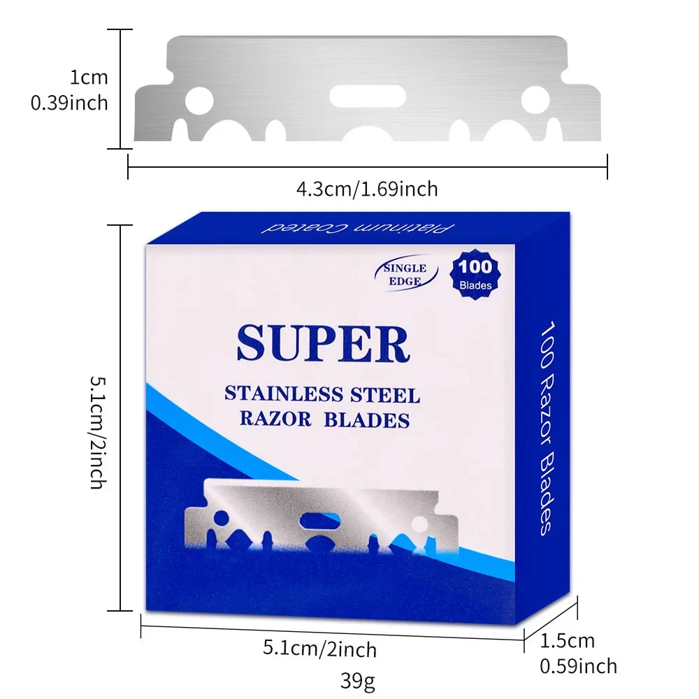 Box of Super stainless steel razor blades with a 1cm width and 39g weight.