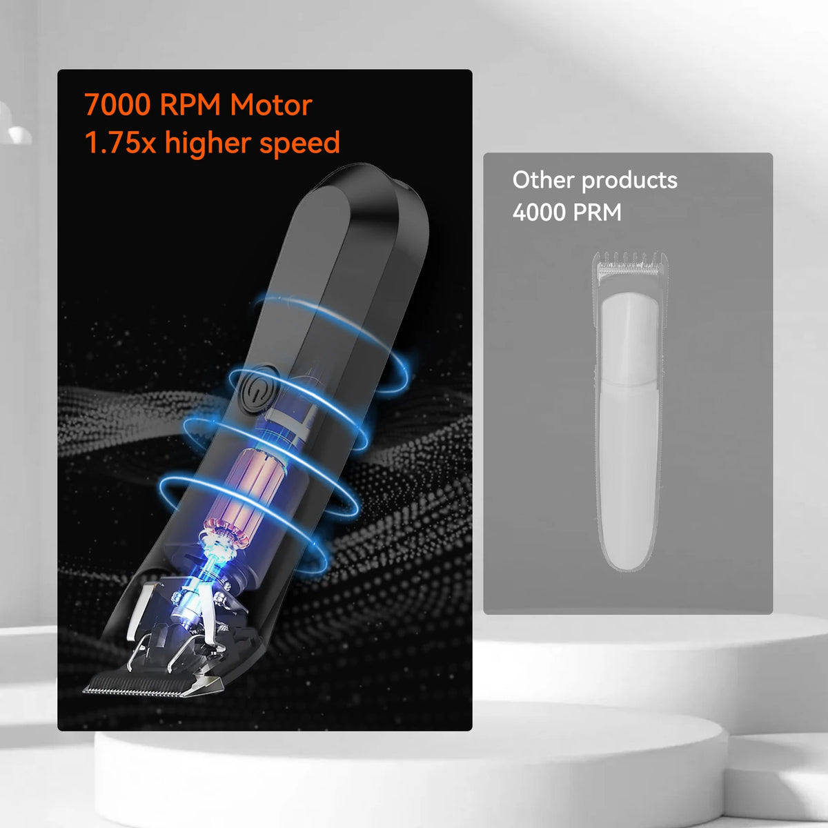 A black precision body hair trimmer is shown against a dark background with blue light effects.