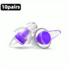 Diez pares de tapones para los oídos de silicona morados mostrados en un recipiente transparente.
