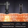 A professional fascia gun is shown above a cross-section of muscle tissue, demonstrating its use for deep tissue massage.