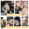 A collection of men's grooming tools including a beard trimmer, shaver, hair carving tool, hair clippers, and bald head shave