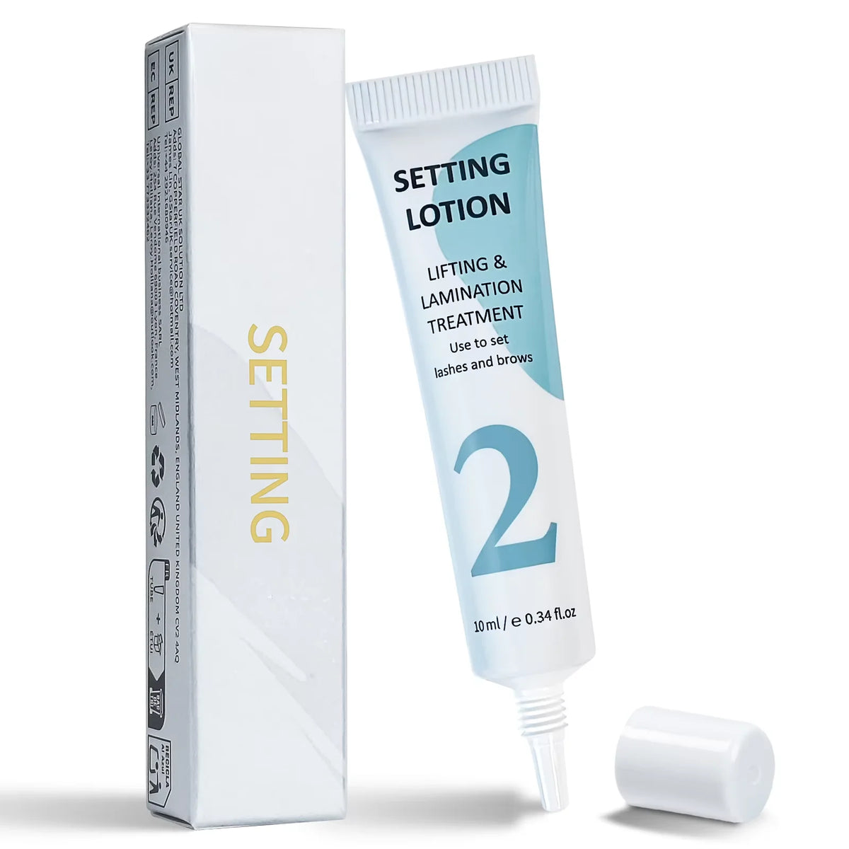 Bouteille blanche de lotion pour le lift et le lissage, à côté de sa boîte.