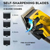 Yellow cordless hair cutting machine with four guide combs for self-sharpening blades