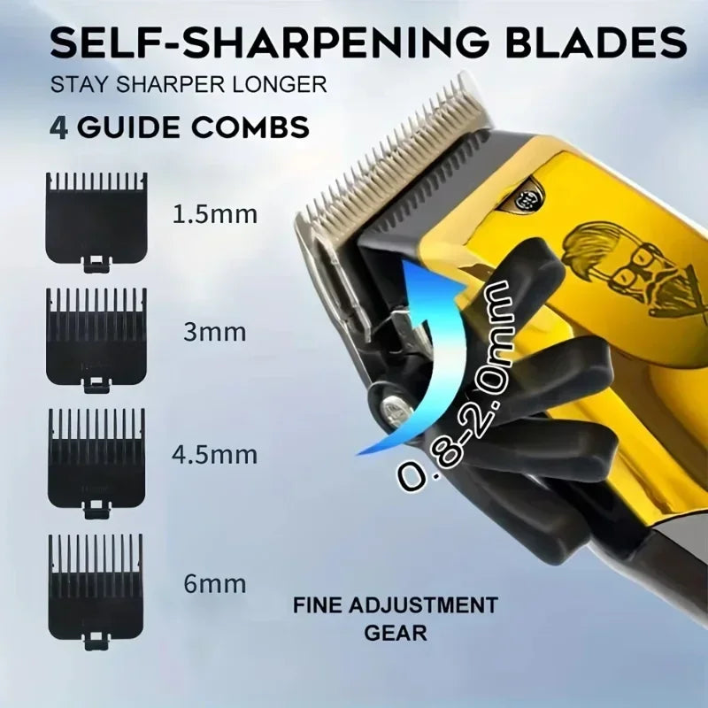 Yellow cordless hair cutting machine with four guide combs for self-sharpening blades