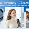 A woman uses an electric water flosser oral irrigator for dental health in a bright setting.