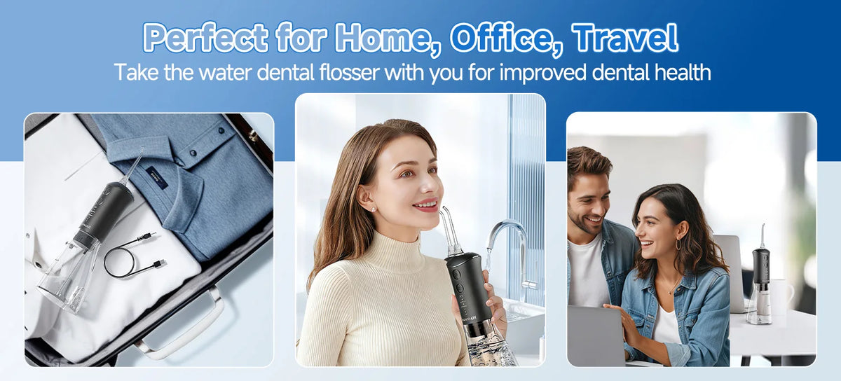 A woman uses an electric water flosser oral irrigator for dental health in a bright setting.