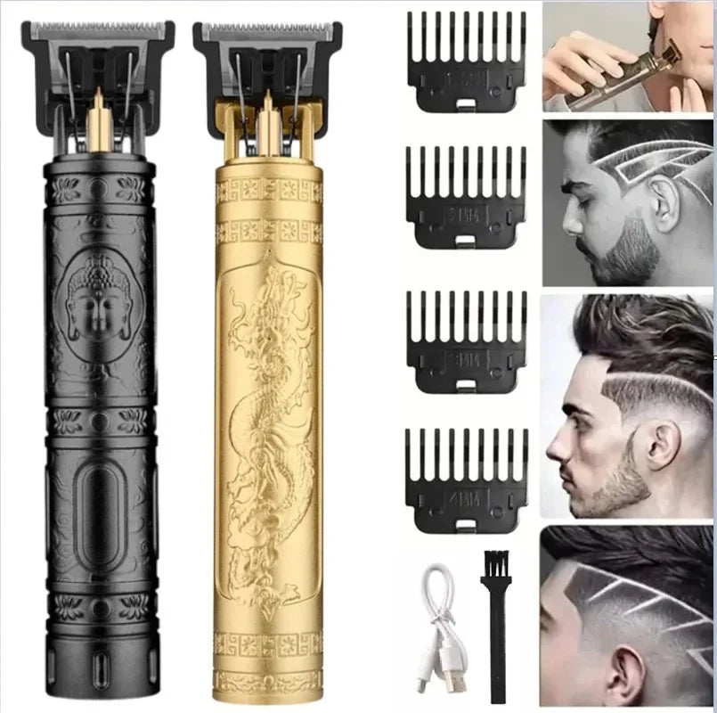 A set of professional cordless hair trimmers and precision styling tools in black and gold.