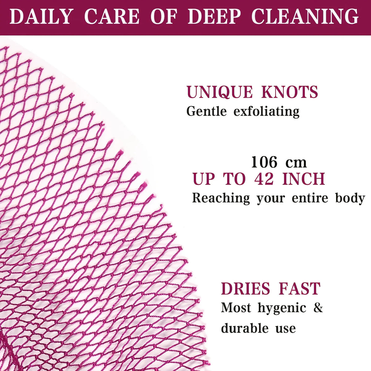 Close-up view of a pink exfoliating net bath sponge showing unique knots and texture.