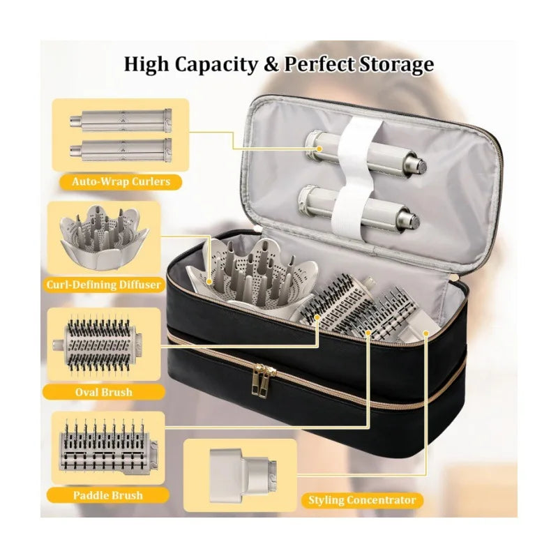 A black PU leather storage bag for hair styling tools including auto-wrap curlers, diffusers, and brushes.