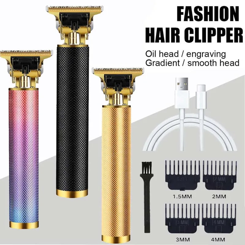 A collection of fashion hair clippers showing various heads and blade sizes for professional beard shaving.