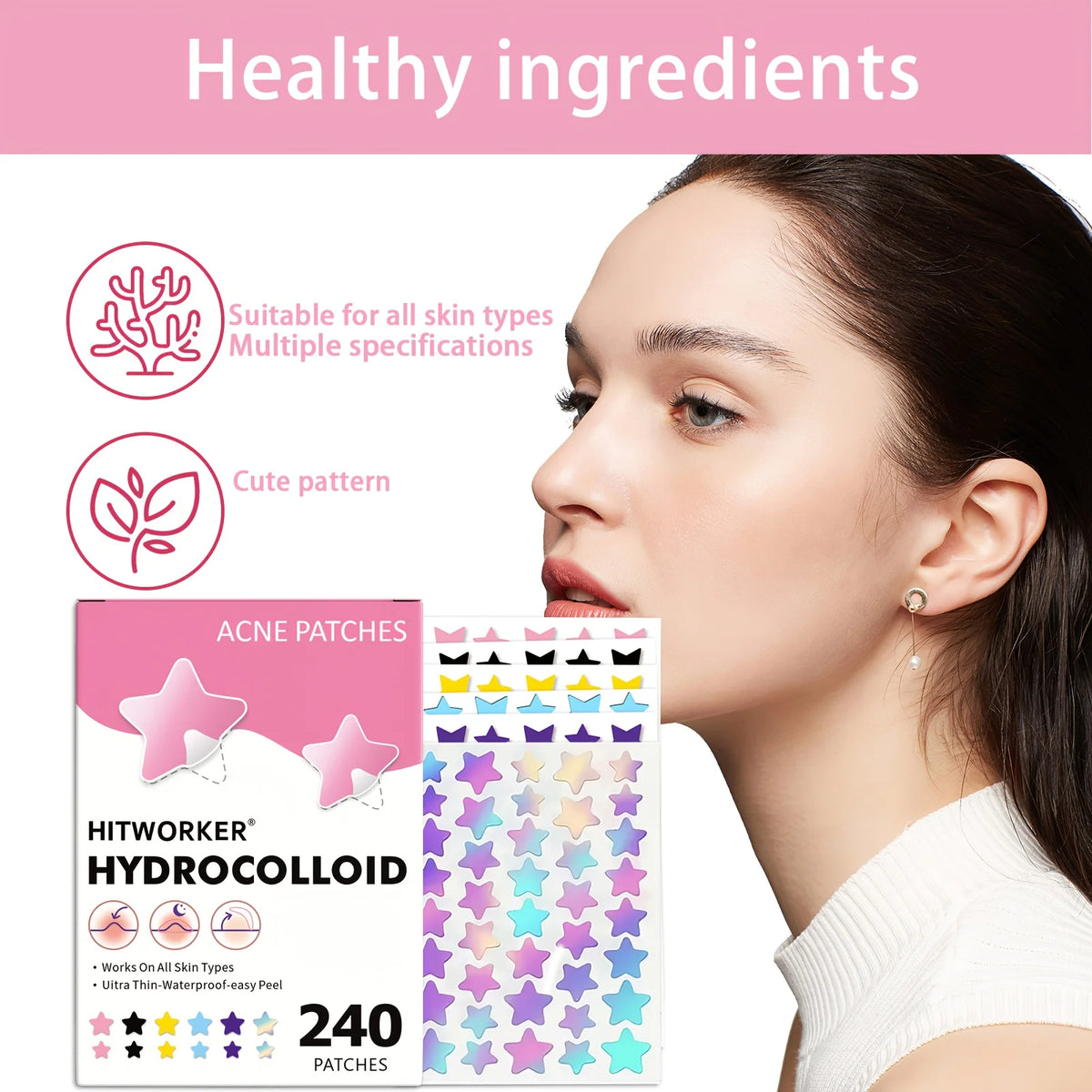 Boîte de patchs hydrocolloïdes Hitworker à l'acné, de différentes formes en étoile pour le soin de la peau.
