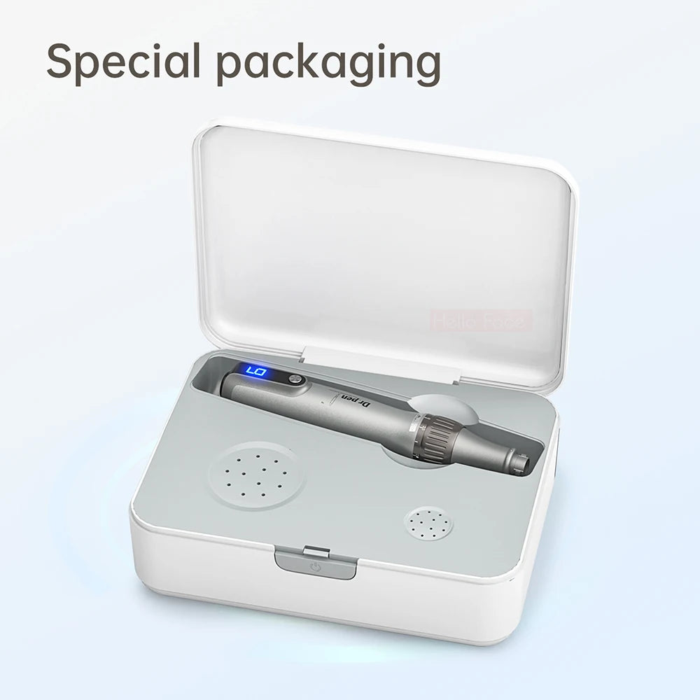A professional wireless microneedling pen in a white case with an open lid.
