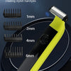 Afeitadora eléctrica amarilla y negra con múltiples accesorios de protección para diferentes longitudes de cabello.