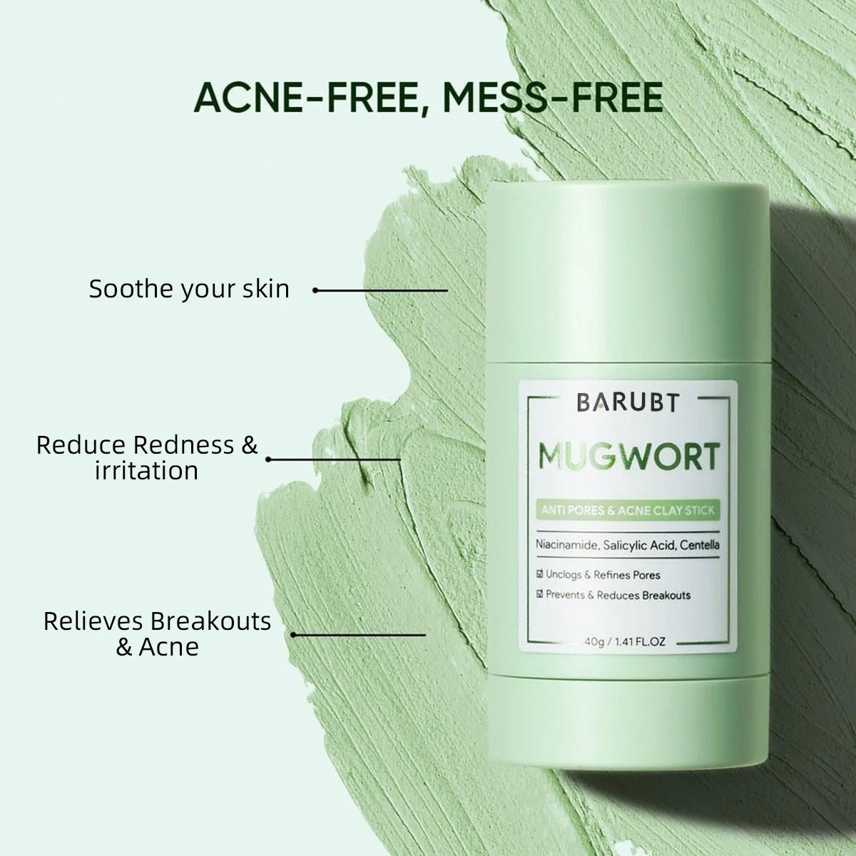 A tube of Barubt Mugwort anti pores and acne clay stick in a light green color.