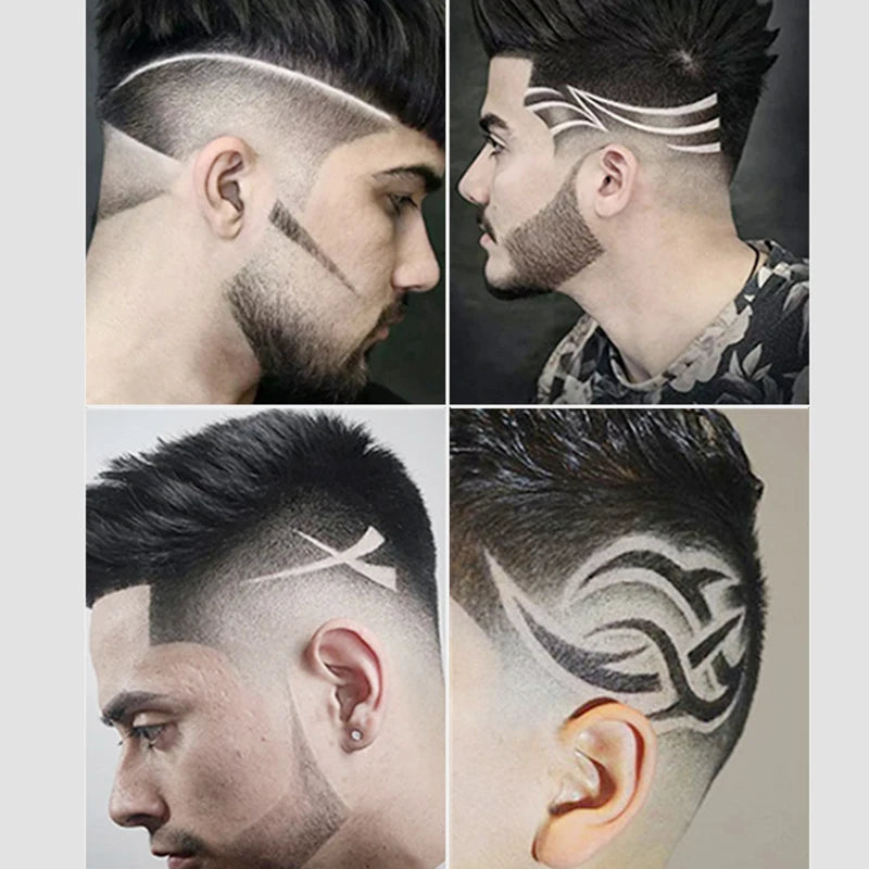 Four images showcasing various men's modern fades and haircuts using a professional rechargeable electric hair clipper.